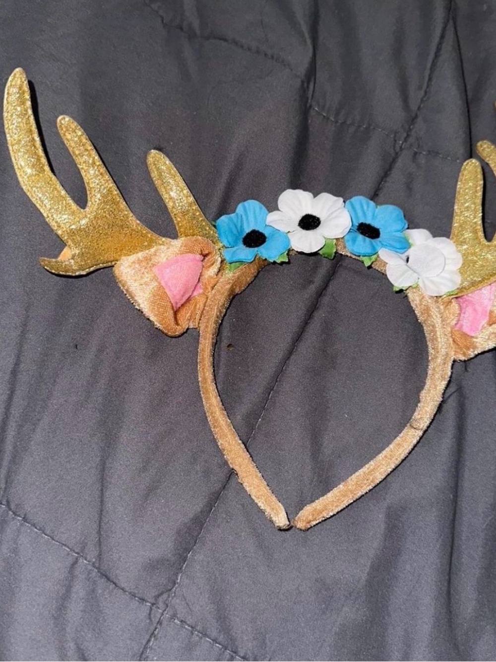 Kids Gold Deer Antler Headband with Blue & White Flowers